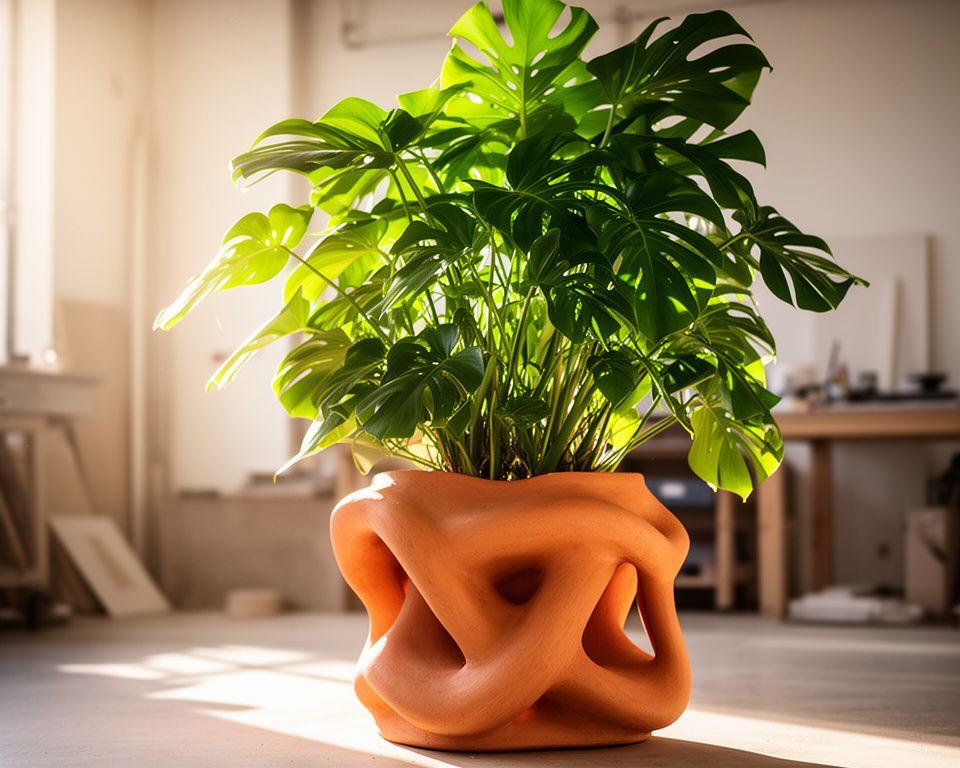 Coco Boho Topf mit organischer Form neben einer üppigen Monstera in einem sonnigen Studio