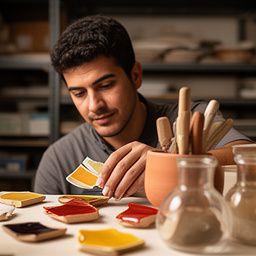 Marco im Glasuratelier prüft Farbmuster auf kleinen Keramikfliesen bei warmem Werkstattlicht
