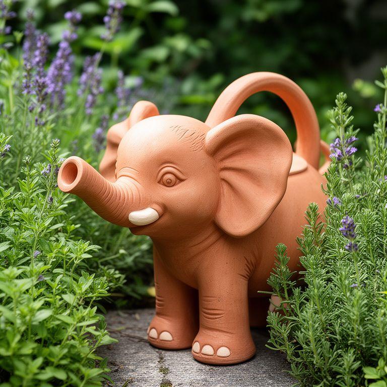 Safari Elefanten-Giesser als handmodellierte Gartenskulptur zwischen Kräutern in einem urbanen Garten