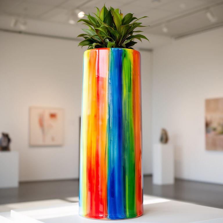 Regenbogen Pflanzsäule mit farbigen Glasurverläufen in einer modernen Ausstellung mit Tageslicht